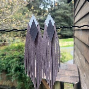 Handcrafted Stone Gray Fringe Leather Drop Earrings Boho Coachella Vibes NWT